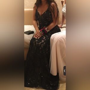 Black lace tan prom dress